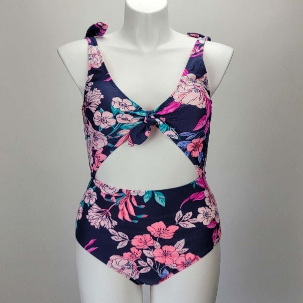 Arizona Jean Co Blue‎ Floral Cutout One Piece Swimsuit XL Tie Shoulder Navy Pink